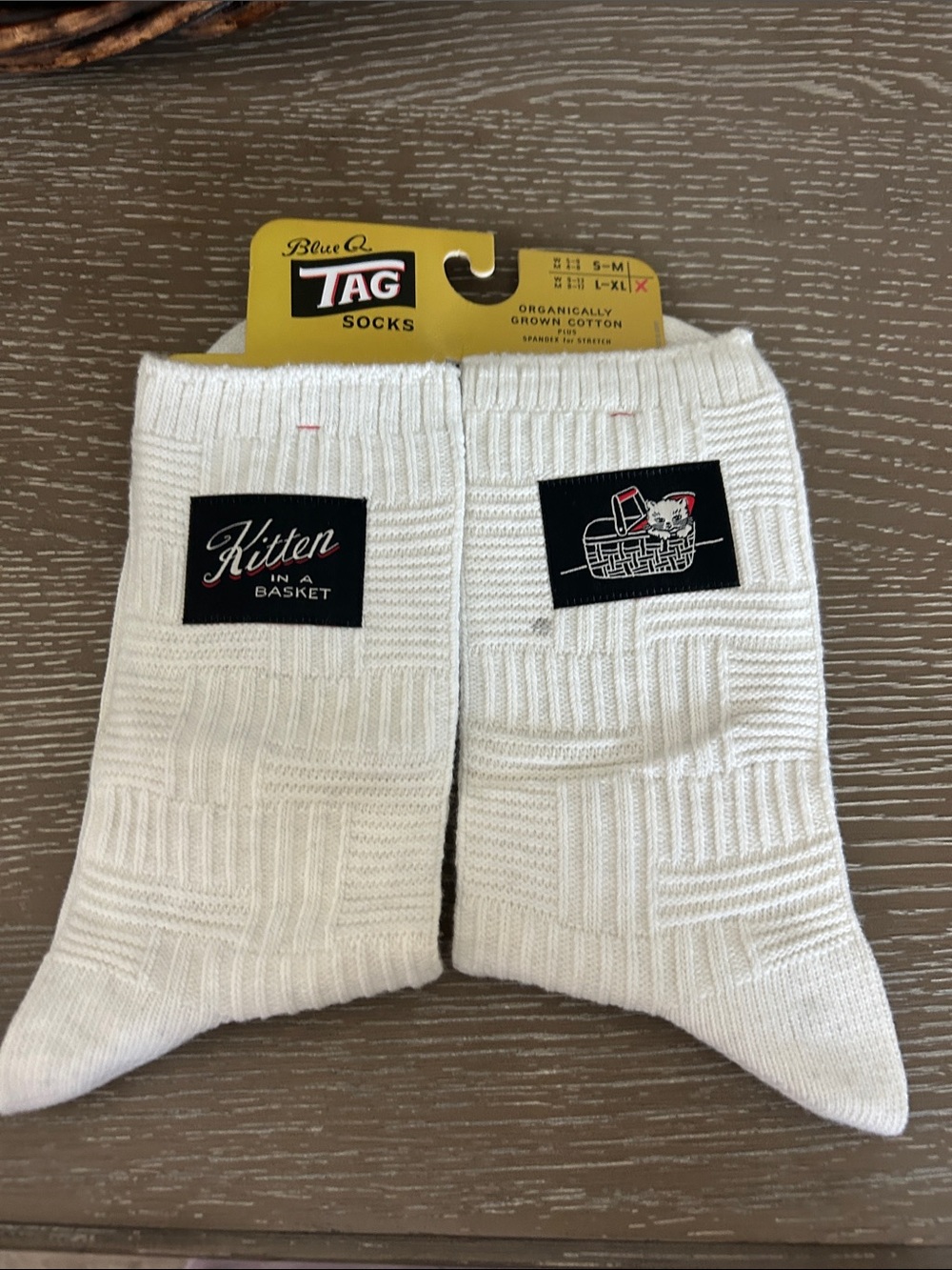 Blue Q White Crew Socks with Kitten Patch